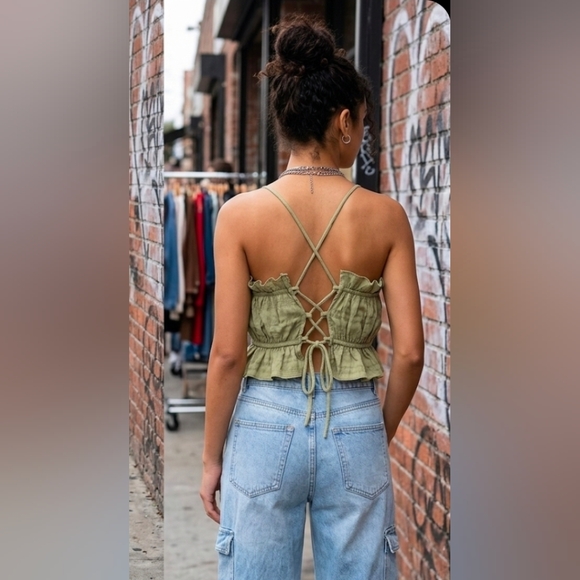 Mai Collection Tank Tube Top Size L Large Open Tie Back Green Crop Shirt Cropped - Picture 2 of 7